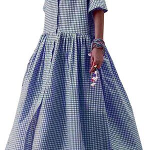 Women's Maxi Dress Long Sleeve Plaid Button Down Gingham Casual Loose